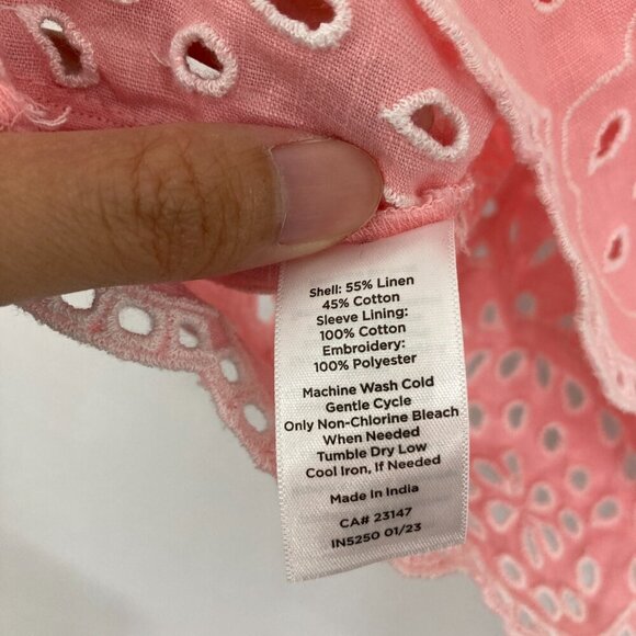 Talbots Large Pink Linen Blend Square Neck Top Embroidered Pineapple Vacation - Picture 8 of 12